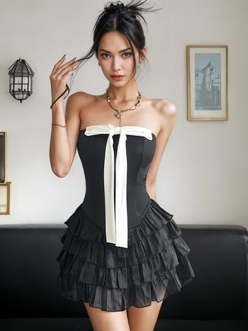 Strapless Bodice Black Tiered Ruffle Dress