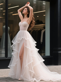 Sweetheart Tulle A Line Ruffles Wedding Dress With Slit