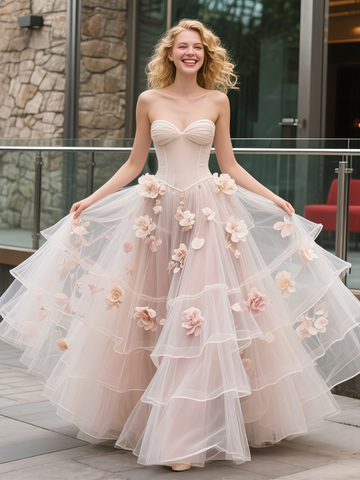 Tulle Flowers Ruffles A Line Pink Sweetheart Wedding Dress
