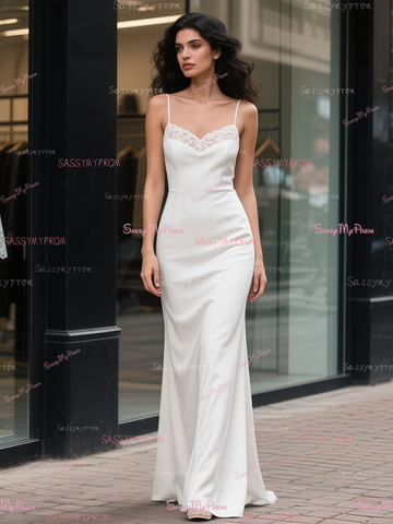 Lace Trumpet Mermaid Satin Spaghetti Straps Wedding Dress