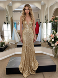 Gold Sequin Trumpet Mermaid Spaghetti Straps Prom Dress