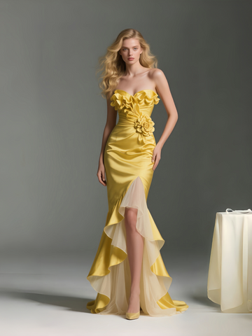 Ruffles Flower Satin Yellow Sweetheart Trumpet Mermaid Prom Dress With Slit