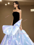 Trumpet Mermaid Organza Strapless Black Blue Prom Dress With Bow