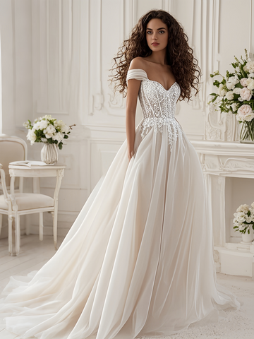 Lace Backless Appliques Off The Shoulder Tulle Wedding Dress