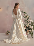 A Line Long Sleeve Sweetheart Satin Wedding Dress