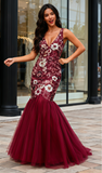Floral Lace V Neck Trumpet Mermaid Burgundy Prom Dress