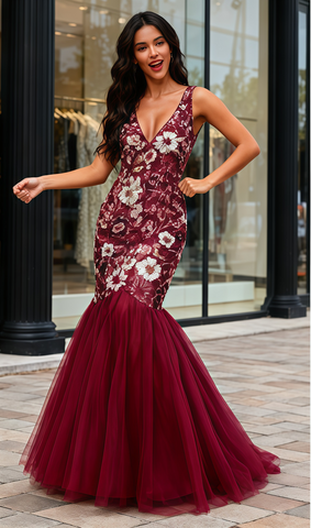 Floral Lace V Neck Trumpet Mermaid Burgundy Prom Dress