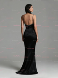 Spaghetti Straps Trumpet Mermaid Beading Black Prom Dress