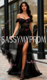 Off The Shoulder Flower Beading Black Prom Dress With Slit