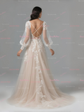 Champagne Long Sleeve Deep V Neck Tulle Wedding Dress