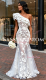 Trumpet Mermaid Tulle Ruffles One Shoulder Appliques Wedding Dress