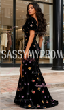 Short Sleeve V Neck A Line Black Prom Dress With Slit