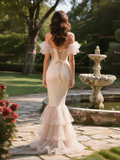 Ruffle Trumpet Mermaid Satin Off The Shoulder Tulle Wedding Dress