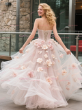 Tulle Flowers Ruffles A Line Pink Sweetheart Wedding Dress
