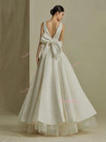 Ruched Satin A Line V Neck Tulle White Wedding Dress