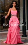 Ruffles Boat Neck Satin Beading A Line Satin Prom Dress