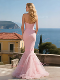 Beading Bow Trumpet Mermaid Blush Pink Spandex Tulle Prom Dress