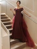 Detachable Train Satin Off The Shoulder Burgundy Prom Dress