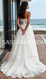 Spaghetti Straps Lace A Line Tulle White Wedding Dress