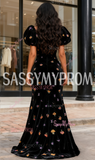 Short Sleeve V Neck A Line Black Prom Dress With Slit