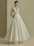 Ruched Satin A Line V Neck Tulle White Wedding Dress