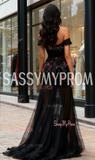 Off The Shoulder Flower Beading Black Prom Dress With Slit