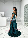 Green Off The Shoulder Beading Ruched Trumpet Mermaid Prom Dress