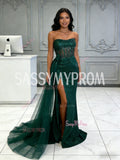 Green Detachable Train Trumpet Mermaid Sequin Prom Dress With Slit