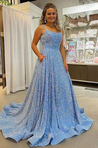Blue Sequins A Line Spaghetti Straps Prom Dress