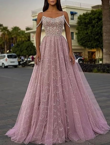Pink Spaghetti Straps Sequin Tulle Cold Shoulder Prom Dresses