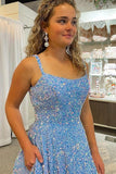 Blue Sequins A Line Spaghetti Straps Prom Dress