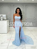 Light Blue Beading Sweetheart Trumpet Mermaid Prom Dress With Slit