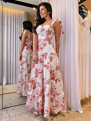 Red Floral Tiered Skirt White Maxi Dress