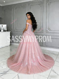 Pink Off The Shoulder Sparkle Tulle Trumpet Mermaid Prom Dress