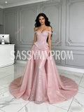 Pink Off The Shoulder Sparkle Tulle Trumpet Mermaid Prom Dress