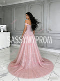 Pink Off The Shoulder Sparkle Tulle Trumpet Mermaid Prom Dress