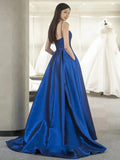 Spaghetti Straps Satin Royal Blue Prom Dress With Pockets