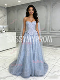 Tulle Sequin A Line Light Blue Sweetheart Prom Dress