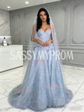 Tulle Sequin A Line Light Blue Sweetheart Prom Dress