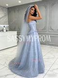 Tulle Sequin A Line Light Blue Sweetheart Prom Dress