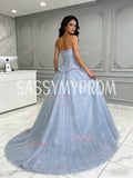 Tulle Sequin A Line Light Blue Sweetheart Prom Dress
