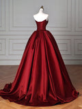 Elegant Strapless Red Satin Sweep Train Prom Dress