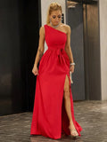 Split Thigh Slanted Shoulder Red Chiffon Maxi Dress