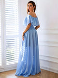 Chiffon Ruffles Blue Off Shoulder Maxi Dress