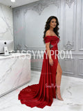 Red Satin Off The Shoulder Trumpet Mermaid Beading Prom Dress