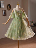 Short Sleeve Sweetheart Floral Green Homecoming Dress