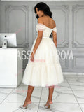 Beige Off The Shoulder Tea Length Tulle Prom Dress