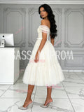 Beige Off The Shoulder Tea Length Tulle Prom Dress