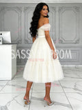 Beige Off The Shoulder Tea Length Tulle Prom Dress