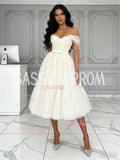 Beige Off The Shoulder Tea Length Tulle Prom Dress